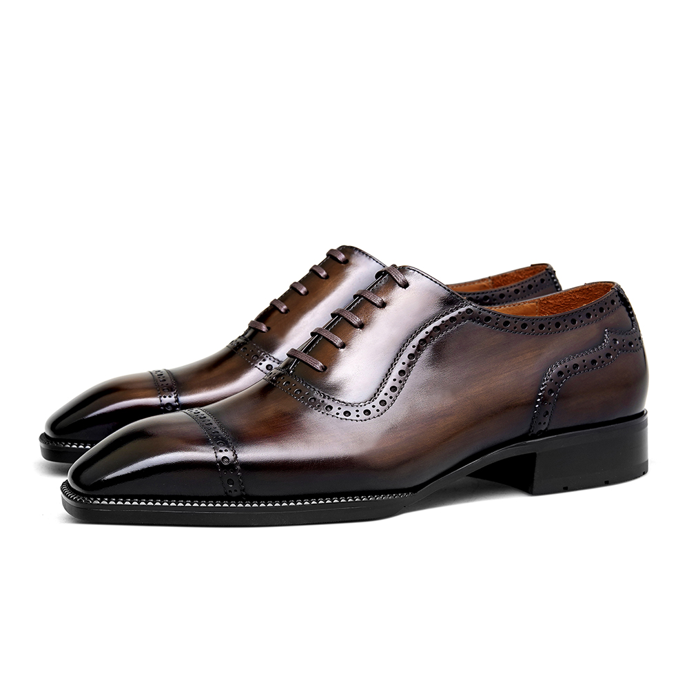 Men’s Hand-Patina Oxford Dress Shoes – Cap Toe Brogue Leather Shoes - Image 3