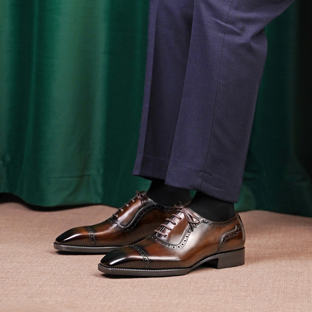 Men’s Hand-Patina Oxford Dress Shoes – Cap Toe Brogue Leather Shoes - Image 11
