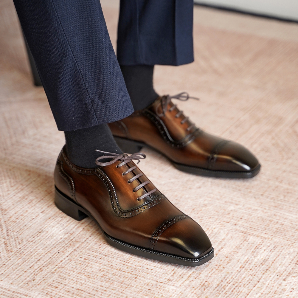 Men’s Hand-Patina Oxford Dress Shoes – Cap Toe Brogue Leather Shoes - Image 13