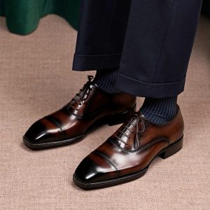 Men’s Cap-Toe Oxford Shoes, Hand-Painted Patina Brown Leather Formal Dress Shoes for Business