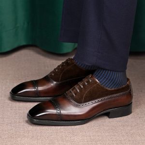 Men’s Two-Tone Brogue Cap-Toe Oxford Shoes, Black Leather & Suede Formal Dress Shoes for Business