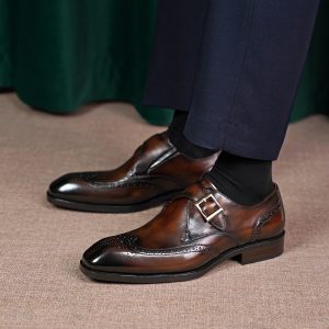 Men’s Wingtip Brogue Monk Strap Shoes, Burnished Brown Leather Single Buckle Formal Dress Shoes