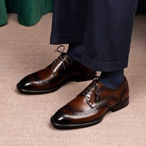 Men’s Wingtip Brogue Derby Shoes, Polished Black Leather Formal Dress Shoes for Business