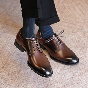 Men’s Plain Derby Shoes, Hand-Painted Patina Brown Leather Formal Dress Shoes for Business