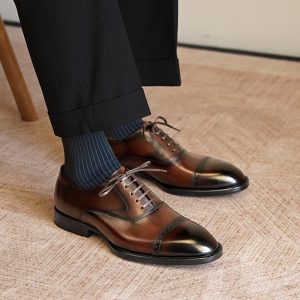 Men’s Cap-Toe Oxford Shoes, Polished Black Leather Formal Dress Shoes with Brogue Trim