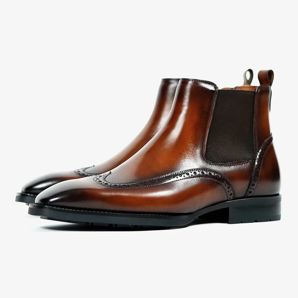 PATINASTAR Men’s Premium Brogue Full‑Grain Leather Chelsea Boots Shoes