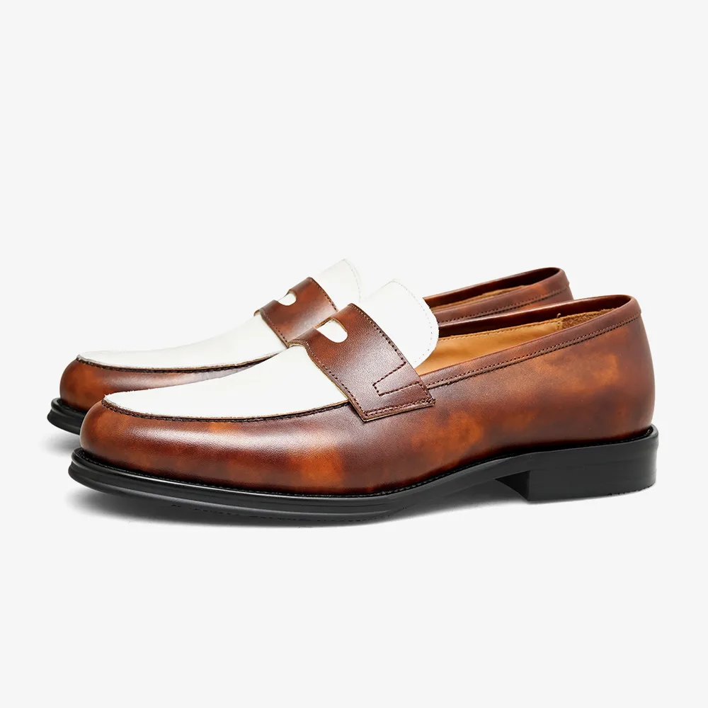 PATINASTAR Heritage Burnished Paneled Leather Penny Loafers Shoes