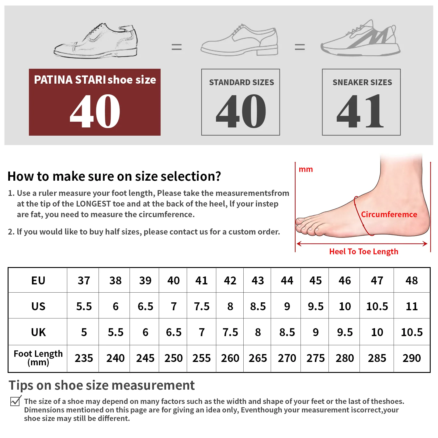 PatinaStar shoe size chart showing EU 37 to 48, US 5.5 to 11, UK 5 to 10.5, and foot length 235 to 290 mm.